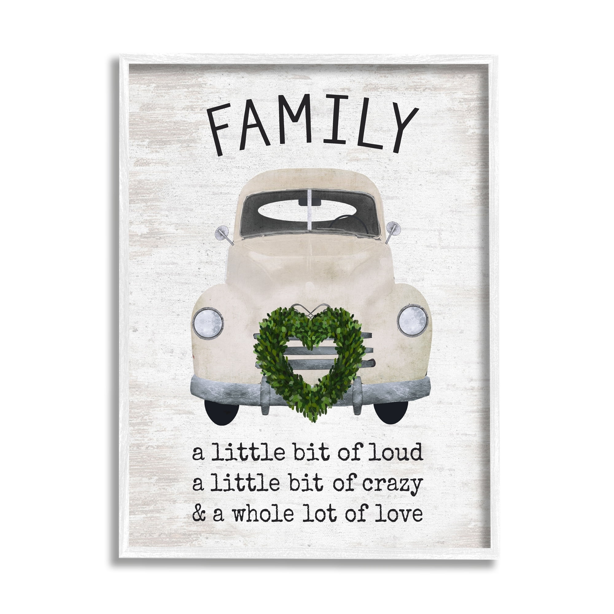 Stupell Industries Wholesome Family Sign Antique Car Heart Wreath Graphic Art White Framed Art Print Wall Art, Design by Lettered and Lined