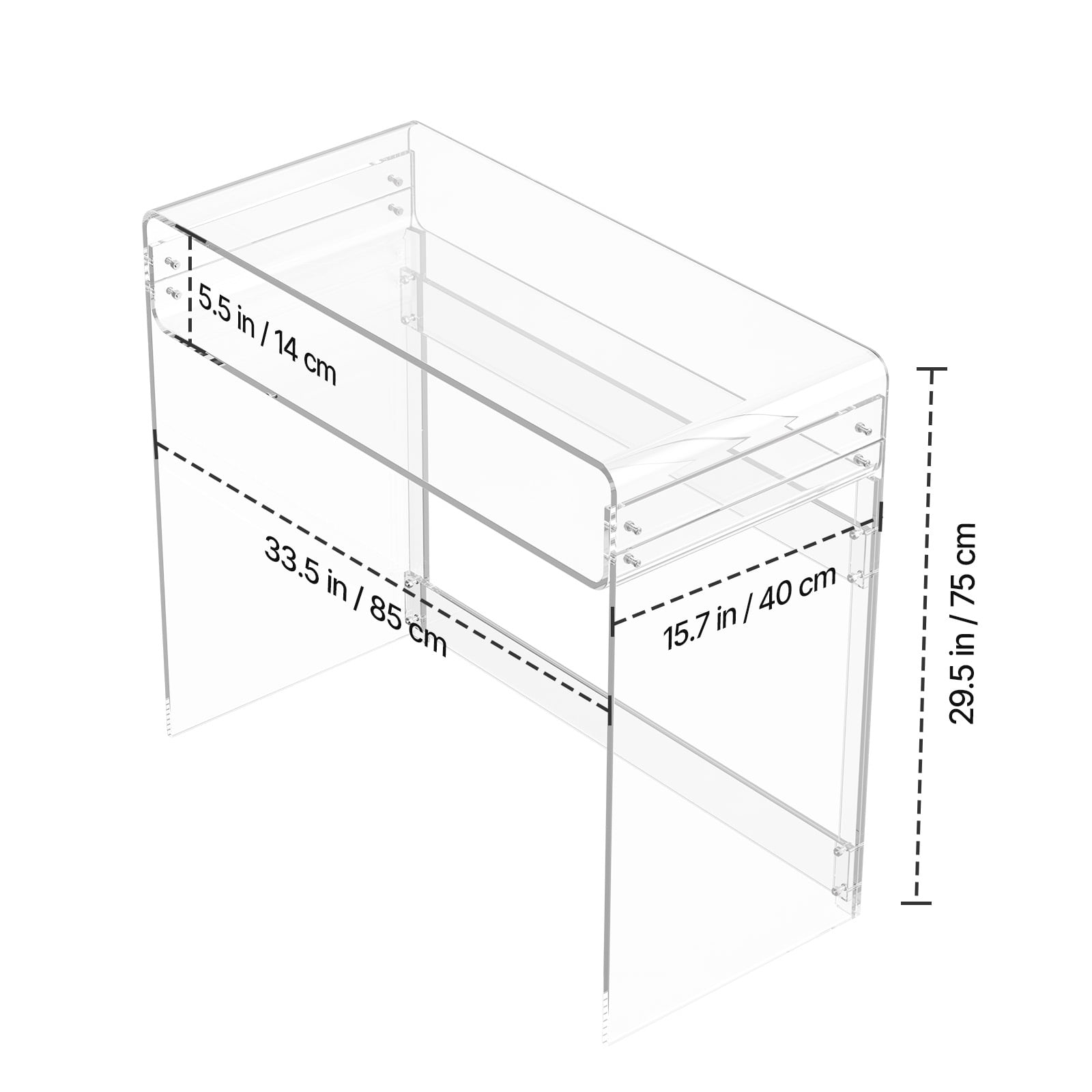 KFFKFF Acrylic Table, Clear End Table Featuring Storage Shelf, Modern Rectangular Side Desk, Transparent Thick Nightstand for Bedroom, Office, or Living Room, 15.7 x 33.5 x 29.5 in (Clear)