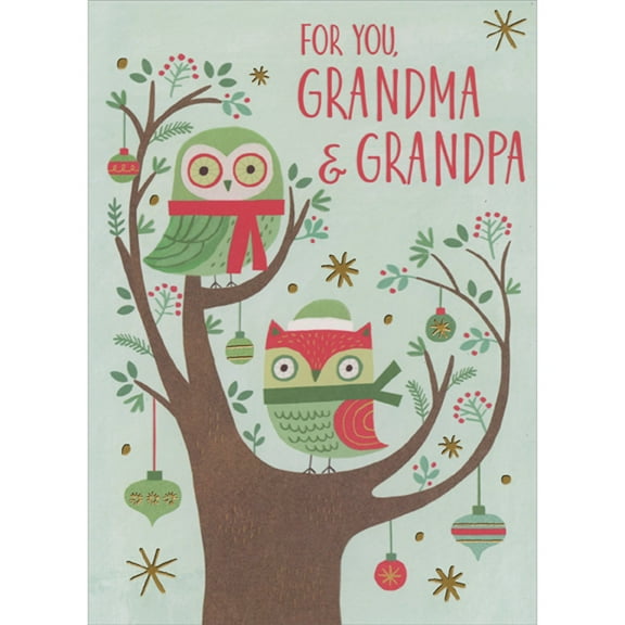 Designer Greetings Two Wide Eyed Owls with Red and Green Scarves in Tree with Wide Trunk Juvenile Christmas Card for Grandma and Grandpa