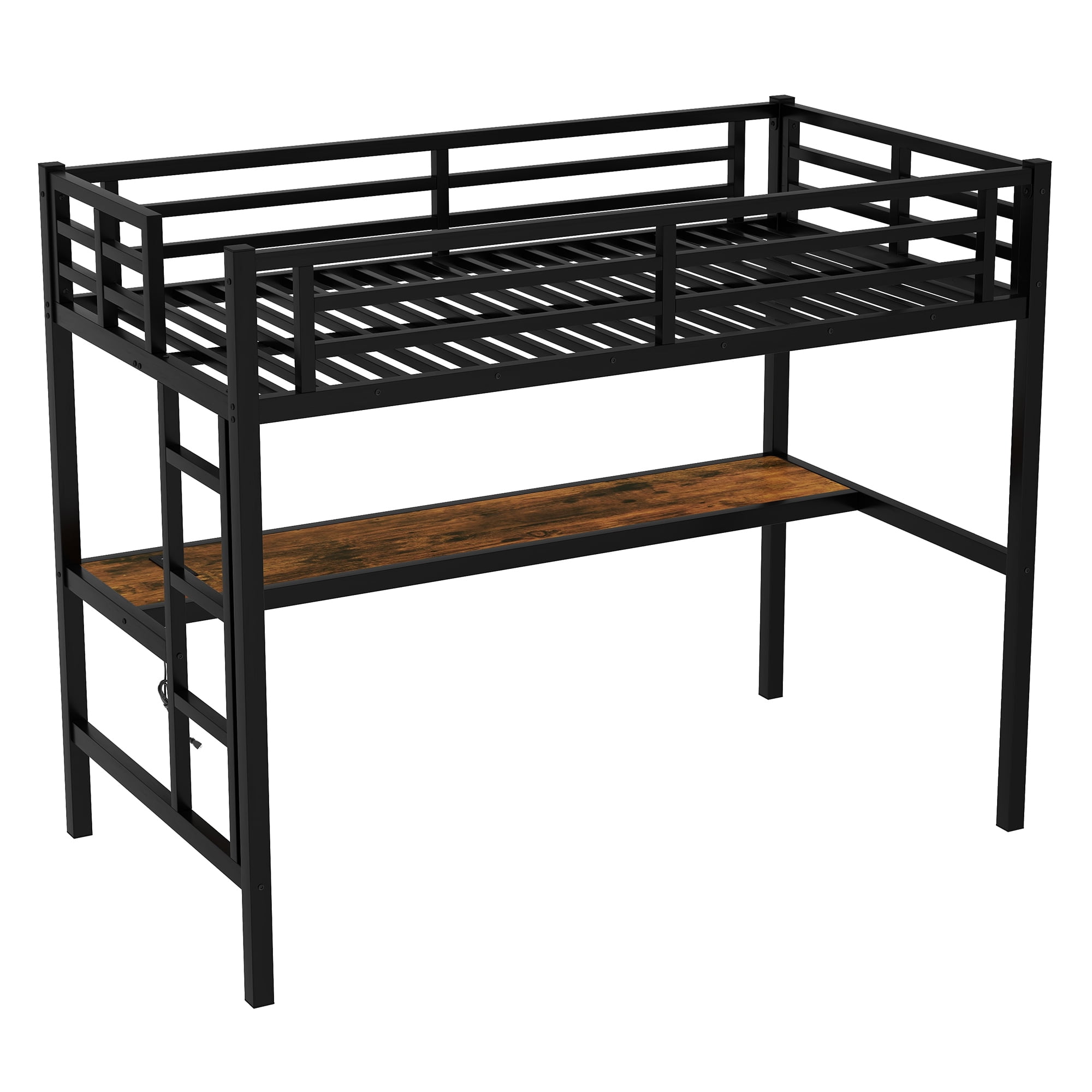 Leumius Twin XL Size Loft Bed,Metal Bed Frame with Power Outlet and LED Lighted,Space-Saving, Noise Reduced, Black