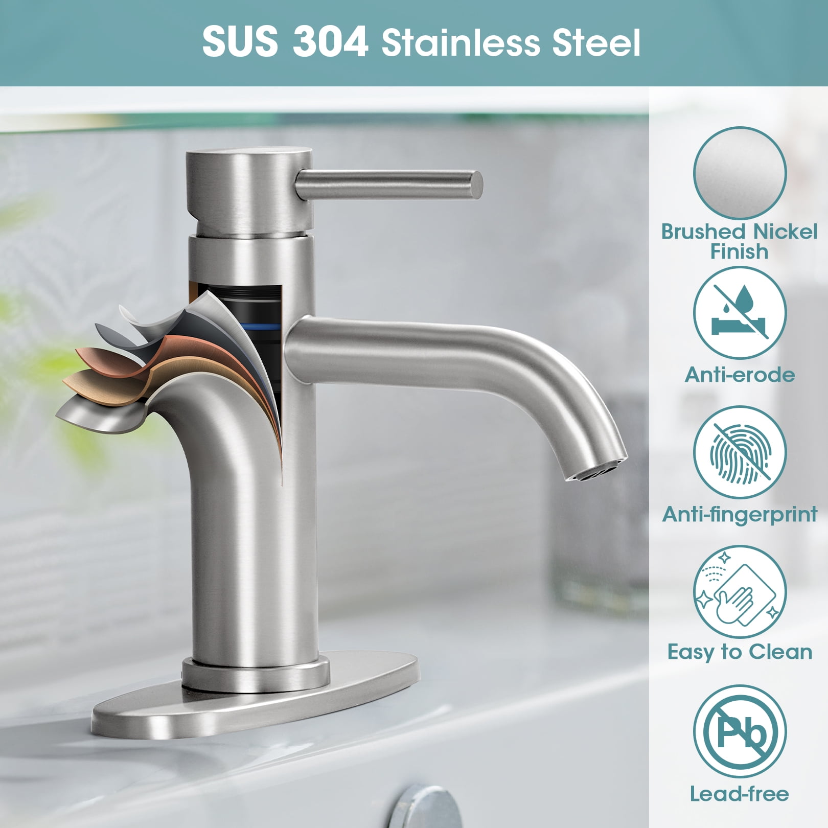 Wowkk Sanitary Ware Bathroom Faucets Stainless Steel Single Handle Bathroom Sink Faucet with Pop up Drain and PEX Encrypted Hose, Modern Bathroom Faucets for Sink 1 or 3 Holes, Brushed Nickel