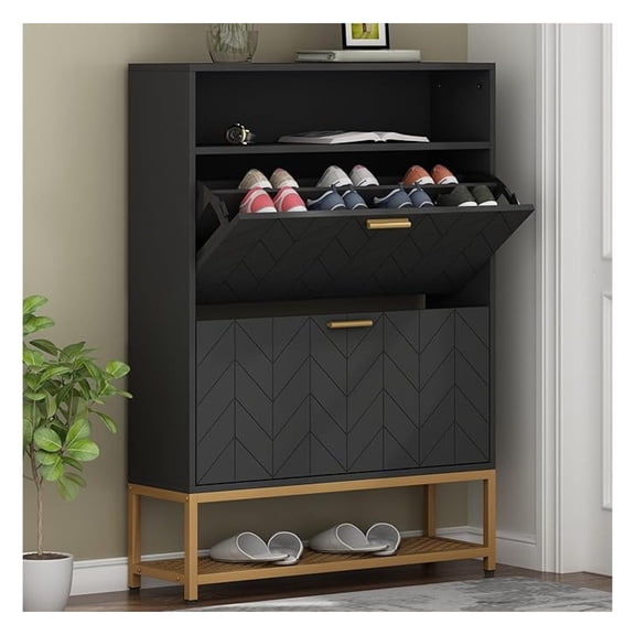 Free Standing Tipping Bucket Shoe Rack Organizer with 2 Drawers, Narrow Entryway Shoe Storage with Shelf & Top Cubby, Modern Slim Cabinet with Doors (Black)