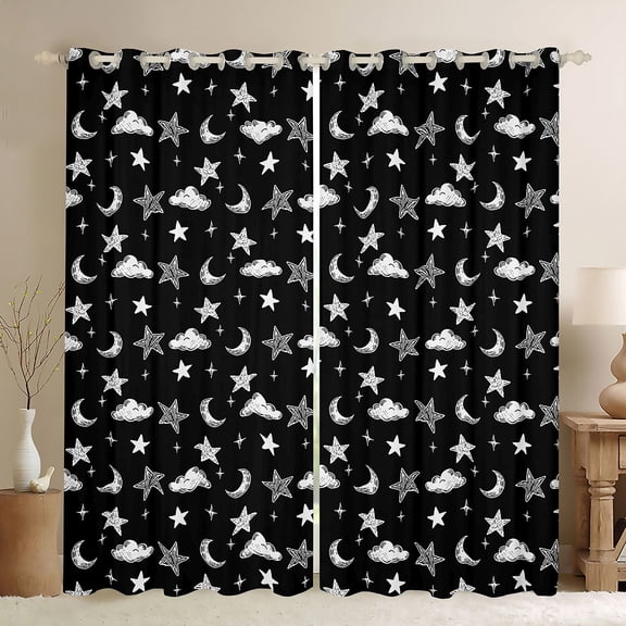 Homewish Kids Children Stars Print Black Out Curtains,Starry Sky Curtains Pack of 2 (42x63 Each),Black White Bedroom Curtains,Luxury Bedroom Decor