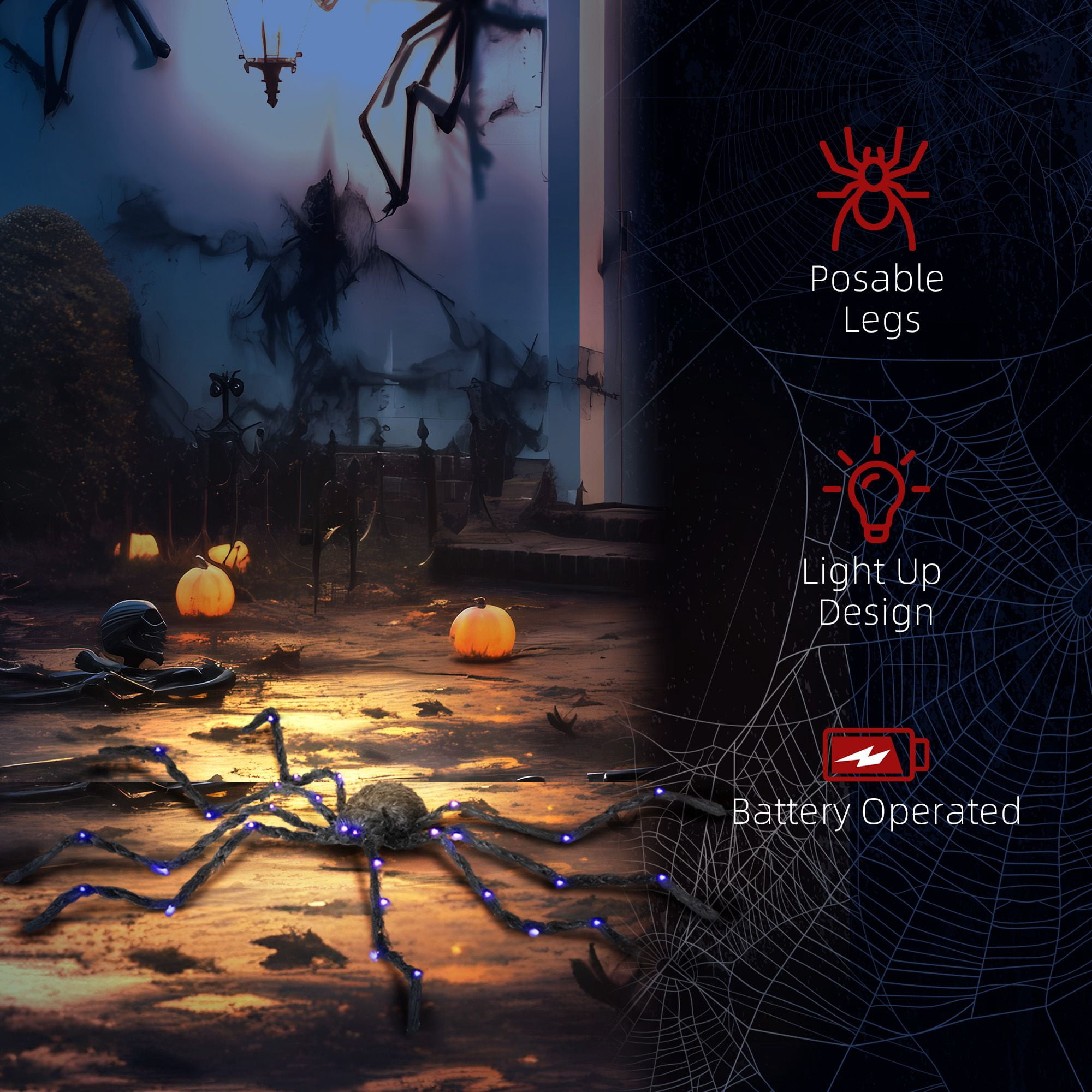 Light Up Giant Halloween Spider Decoration with Bendable Legs, Battery Operated Purple LED Glowing Spider Prop for Haunted House Indoor Covered Outdoor Holiday Decor