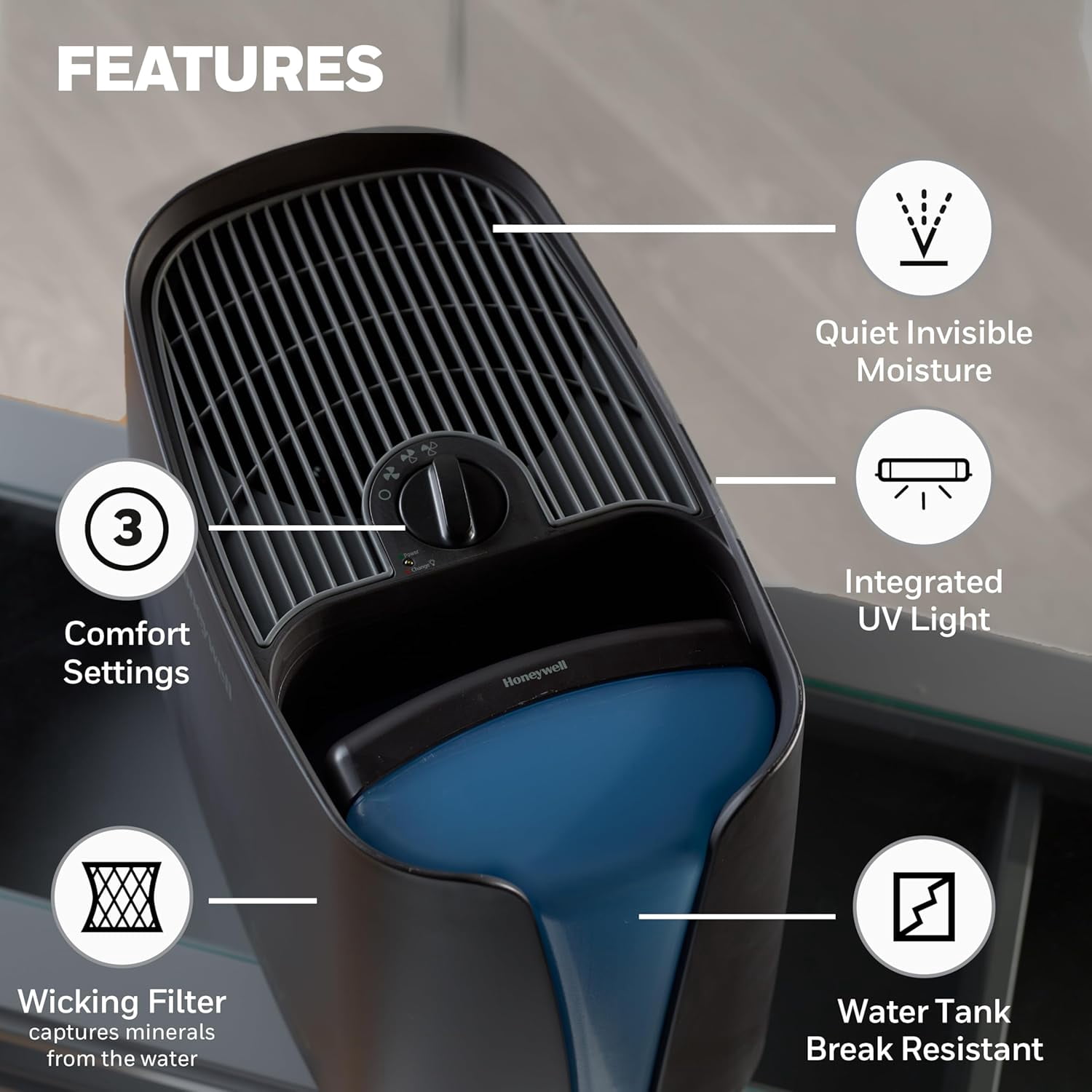 Cool Moisture Humidifier For Bedroom, Medium Rooms, 1.1 Gallon, Invisible Moisture Humidifier for Baby, Kids, Quiet, Easy to Clean, UV Technology, Black,