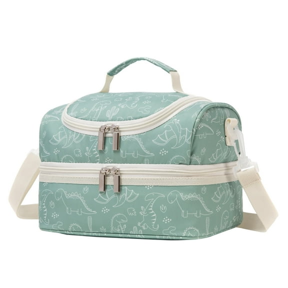 Khulula Kids Lunch Boxes Bag Insulated Double Decker Lunch Box Tote Pack for Girls Boys Toddler School Picnic Food Cooler Hot Water Ice With Strap Green Dinos