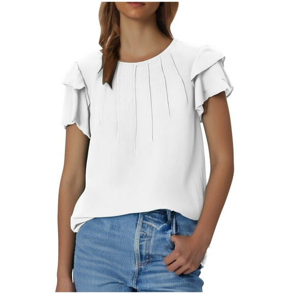 fatyb Summer Womens Tops Ruffle Short Sleeve Casual Blouses Crew Neck Solid Color Loose Shirts for Women