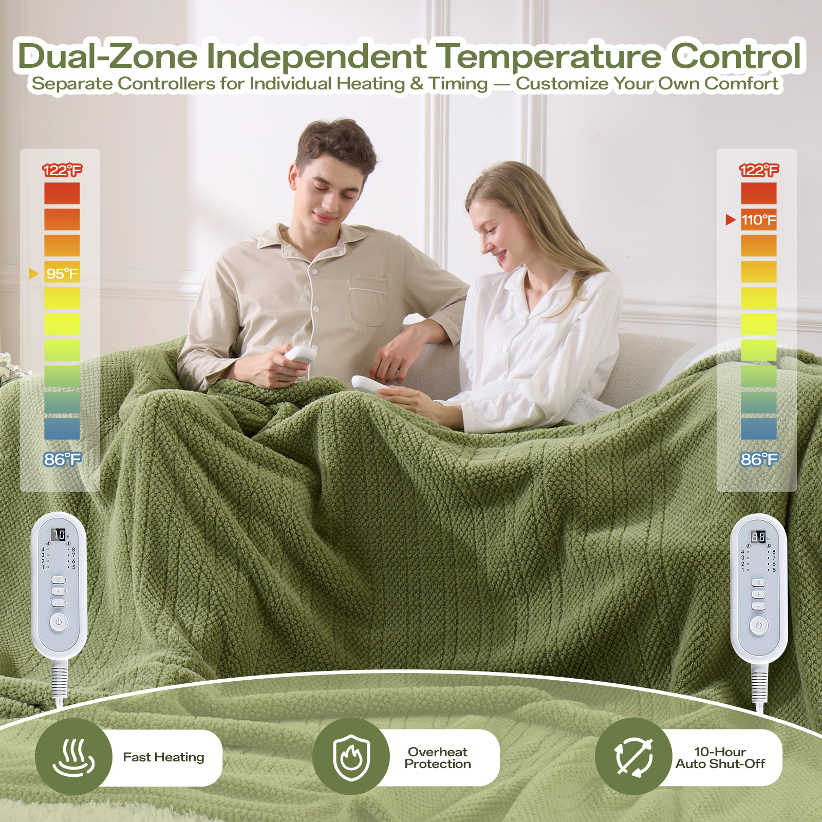 ELEKA Electric Heated Blanket Twin，Ultra‑Cozy Premium Flannel & Sherpa， 1–10 H Auto‑Off,8 Heating Levels，Overheat Protection, Ideal Gifts for Grandma，84" x 90"，Green