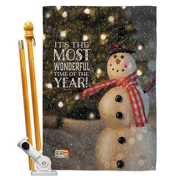 Breeze Decor BD-XM-HS-114142-IP-BO-D-US17-AM 28 x 40 in. Most Wonderful Time Snowman Winter Christmas Impressions Decorative Vertical Double Sided House Flag Set & Pole Bracket Hardware