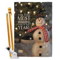 Breeze Decor BD-XM-HS-114142-IP-BO-D-US17-AM 28 x 40 in. Most Wonderful Time Snowman Winter Christmas Impressions Decorative Vertical Double Sided House Flag Set & Pole Bracket Hardware