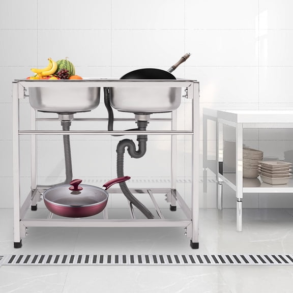 Commercial Freestanding Stainless Steel Sink, Kitchen Double Bowl Utility Sink For Stores, Garages, Utility Rooms, Kitchens, Laundries