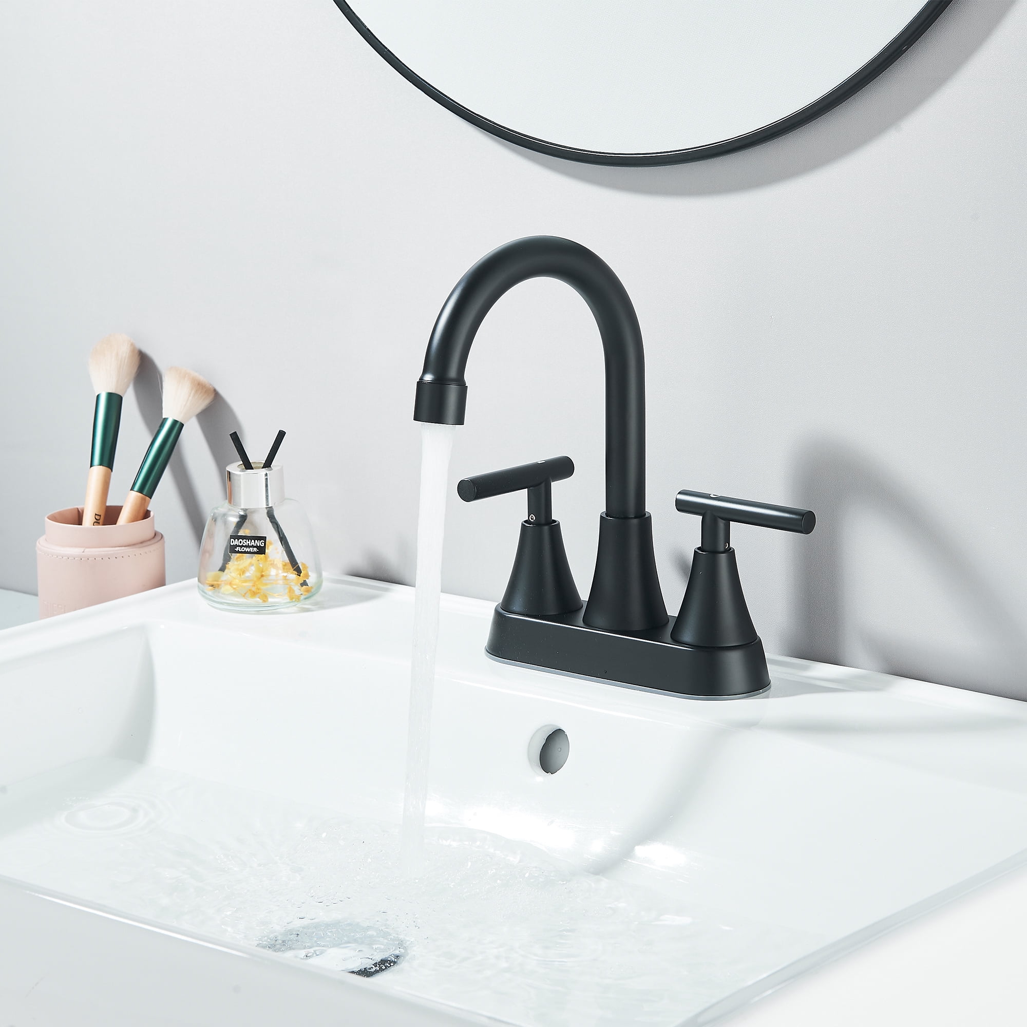 Zovajonia Bathroom Faucets for Sink 3 Hole,  4 inch Matte Black with Pop-up Drain and 2 Supply Hoses, Stainless Steel 2-Handle, for Sink Vanity