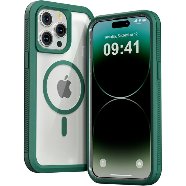 for iPhone 14 Pro Max Case,Compatible with MagSafe,Heavy Duty Shockproof Protection Phone Cases,Double Layer Transparent Magnetic Protective Cover for iPhone 14 Pro Max,6.7 inch, Green