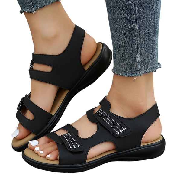 Adjustable Strap Casual Sandals, Women Open Toe Sport Sandals Comfortable Star Pattern Flat Sandals Summer Hook and Loop Ankle Strap Walking Shoes Soft Sole Wide Fit Outdoor Beach Shoes, Black 5.5