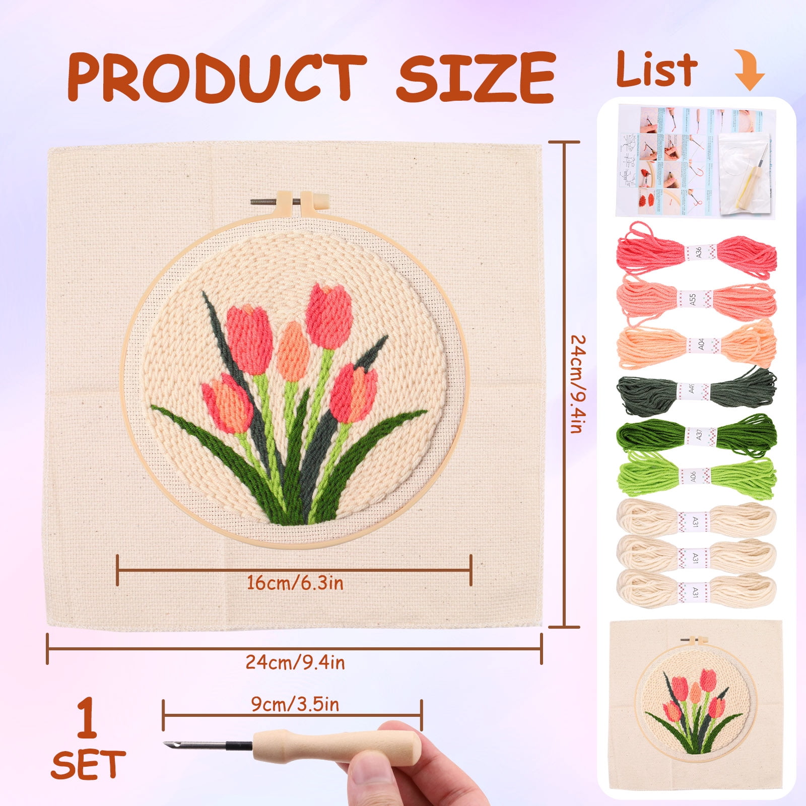 Floral Embroidery Kit for Beginners, Easy Needlepoint Kits for Adults Include Pattern, Hoops, Instructions, Threads and Fabric, Craft Starter Punch Needle Cross Stitch (Tulip)