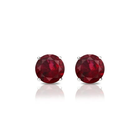 - 14k White Gold 4 MM Round Natural Ruby Gemstone Stud Earrings