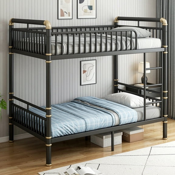 Full-Over-Full Size Industrial Design Kids Bunk Bed with Built-In Ladder & Guardrails, Round-Pipe Metal Teens Bed Frame