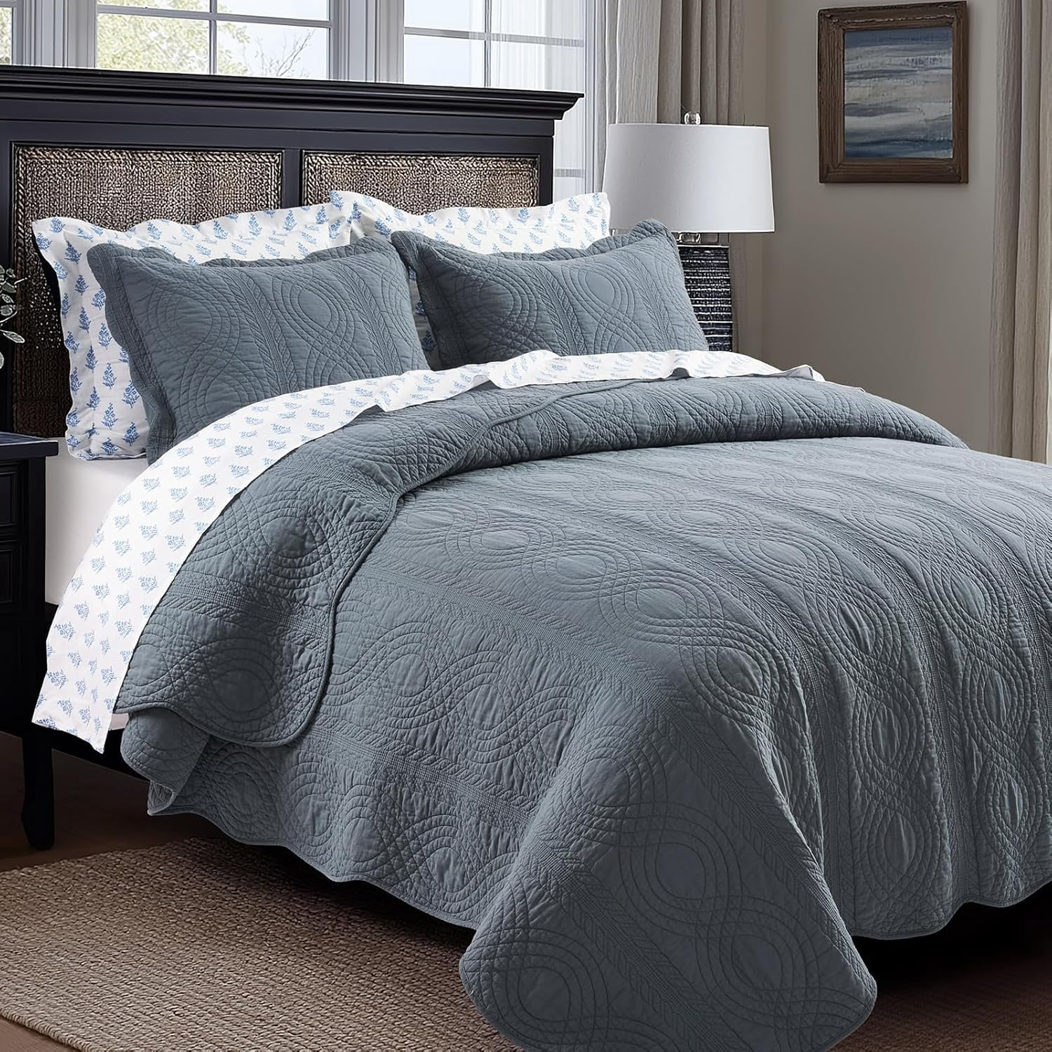 EVERGRACE 100% Cotton Scallop Quilt Set, King Size 3 Piece Set – Lightweight Bedspread with 2 Shams, Soft Prewashed Matelasse Coverlet for Cozy and Elegant Bedding, Stormy Blue
