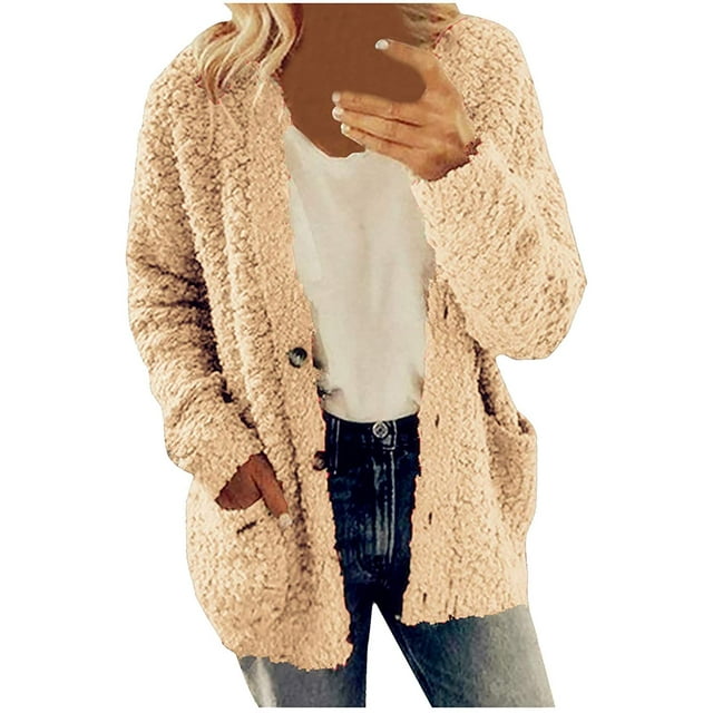 Solid Color Plush Sweater for Womens Plus Size Coat Pockets Outerwear Buttons Cardigan