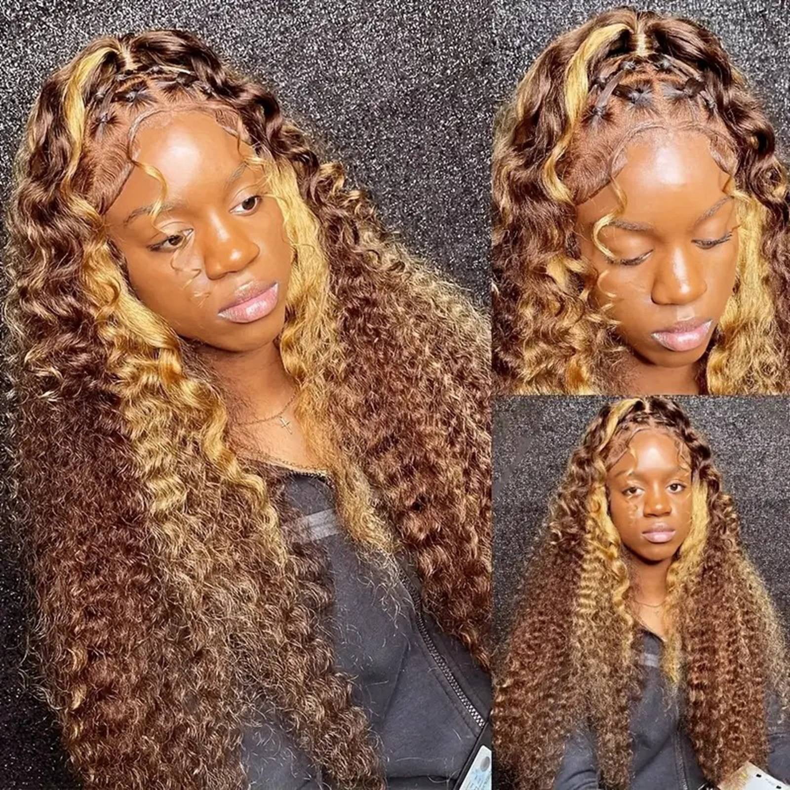 Yoofe Wigs Human Hair,Front Lace Wig Front Lace Wig Women's Highlighted Gradient Wave Long Curly Hair Piano Color Wig Wave Wigs for Women Natural Color 1Pc,24 Inches