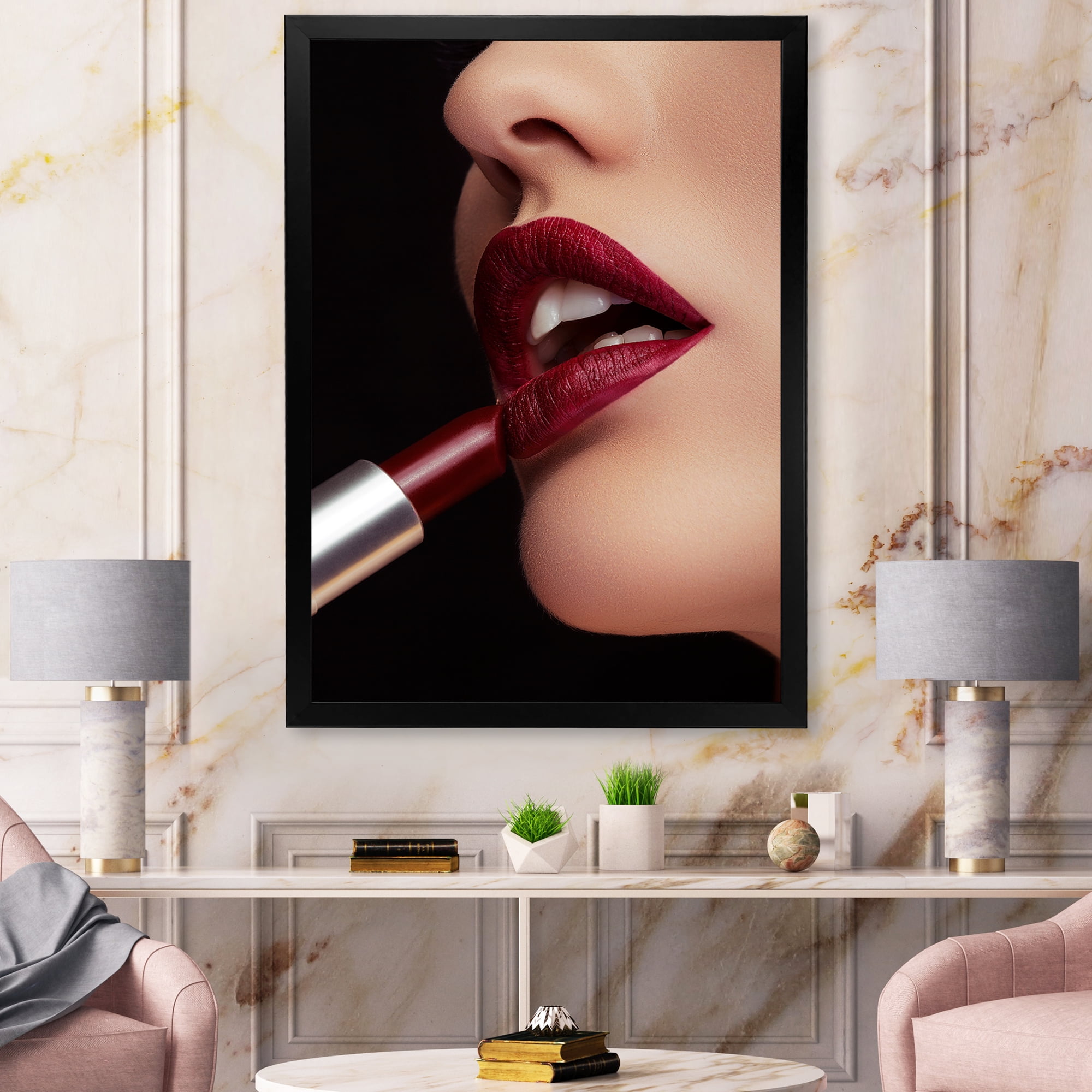 Designart 'Woman Applying Red Lipstick On Lips I' Modern Framed Art Print