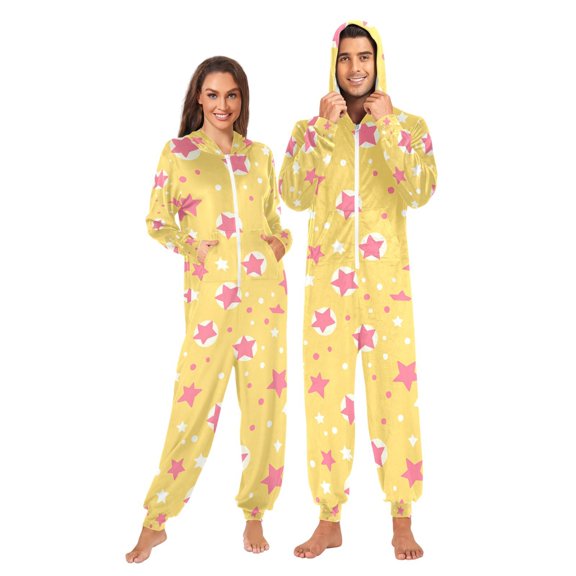 FORMRS Onesies Pajama for Adults Unisex Hoodie Winter Jumpsuit One Piece Sleepwear, Sizes S-2XL, Yellow Stars