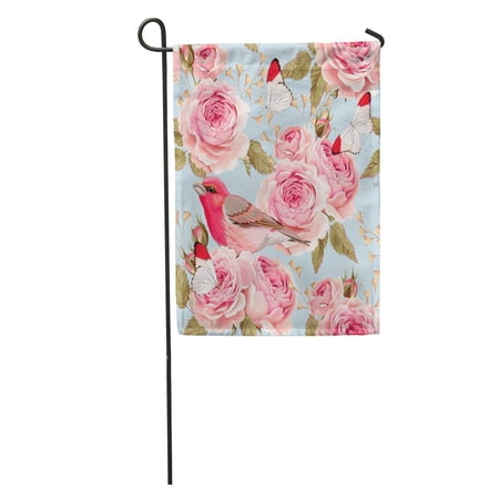 KDAGR Blue Pattern English Roses and Birds Pink Vintage Bouquet Butterfly Garden Flag Decorative Flag House Banner 12x18 inch