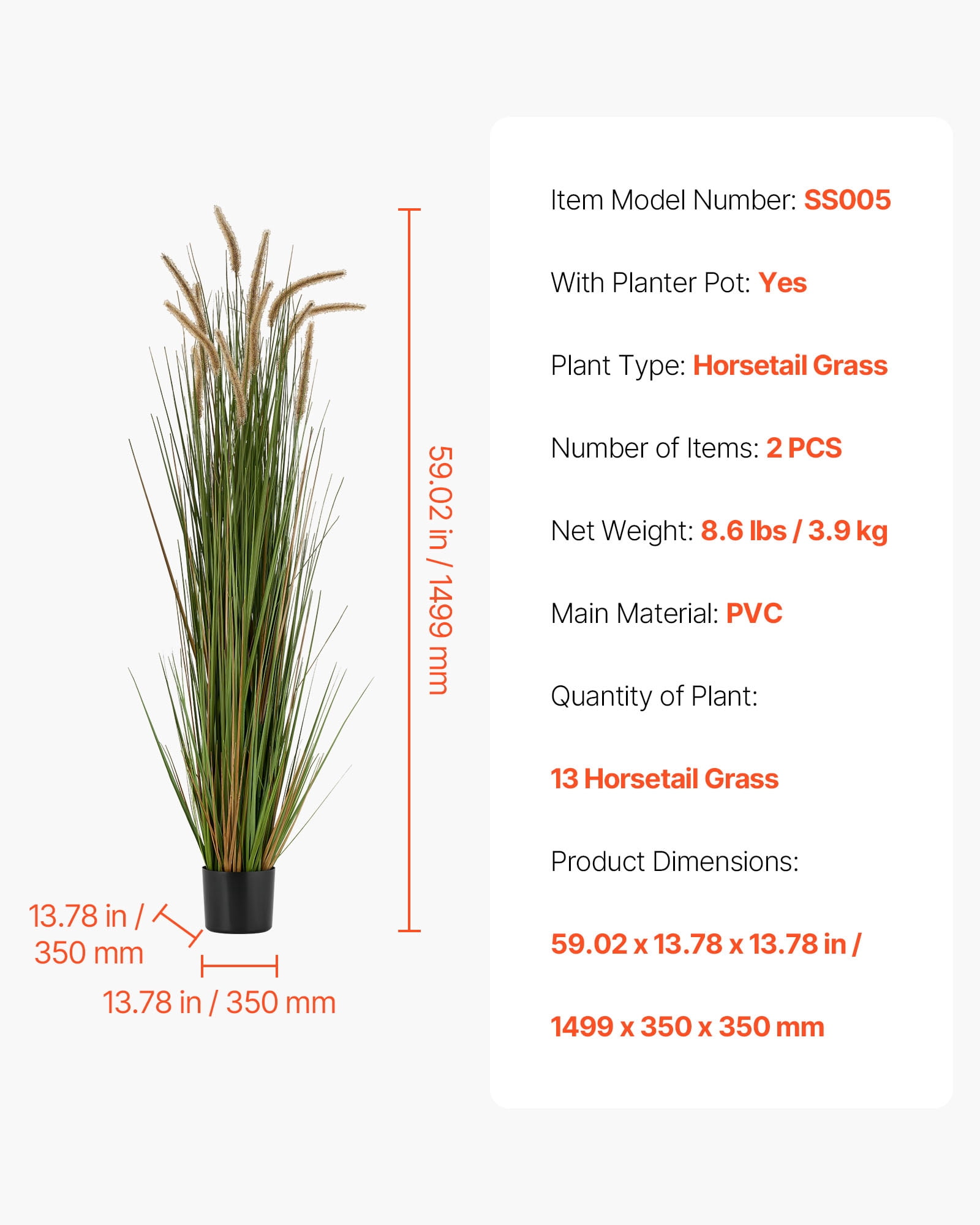 VEVOR Artificial Grass Plant, 2 Pack 59 inch Horsetail Reed Grass in Pot, Premium PVC Faux Fake Greenery Shrubs Plant for Indoor Outdoor House Home Garden Office Room Décor, Housewarming, Green