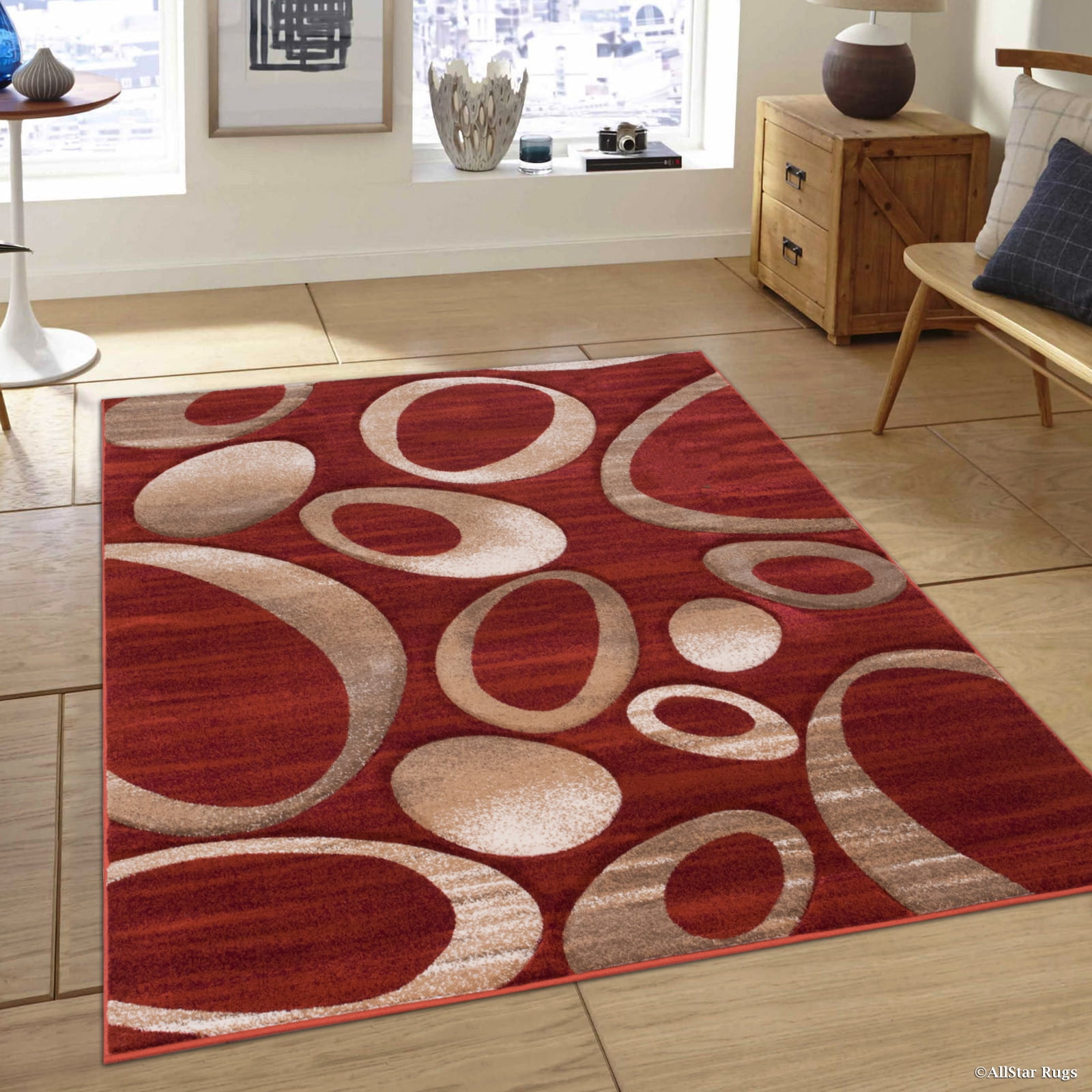 Allstar Red Carved Circles Modern Geometric Area Rug (3' 9" x 5' 1