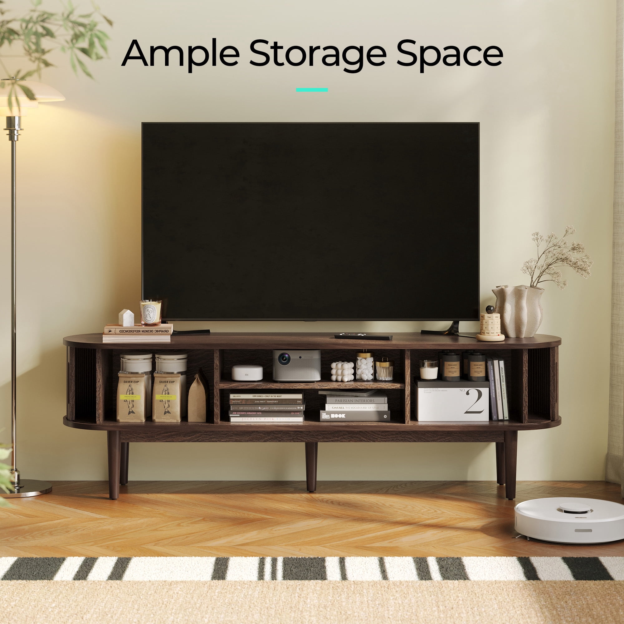 LINSY HOME Fluted TV Stand for TVs up to 75", Mid-Century Home Entertainment Center with Sliding Tambour Door and Adjustable Shelves, Walnut