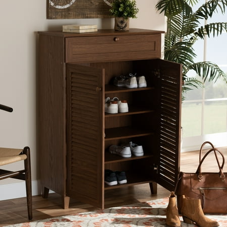 - Baxton Studio Coolidge Modern and Contemporary Walnut Finished 5-Shelf Wood Shoe Storage Cabinet with Drawer