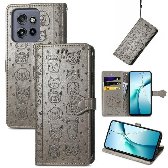 Funda Cartera FOXDOCK para Motorola Edge 50 Neo , Flip PU con Relieve de Gatos y Perros, Tarjetero y Soporte