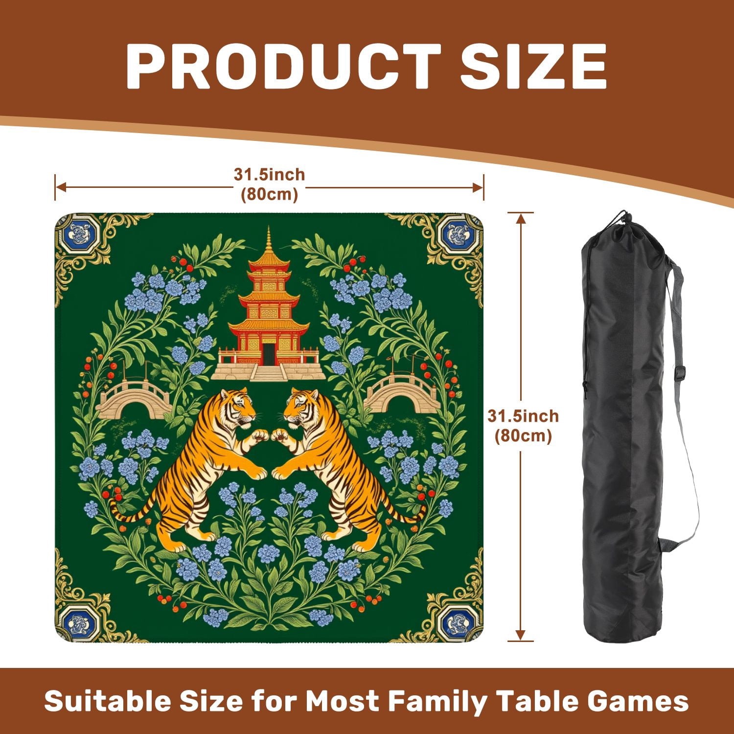 Mahjong Mat 31.5" x 31.5" Twin Tigers Chinese Pagoda Floral Details Green Non-Slip Noise Reduction American Mahjong Tiles Table Cover for Dominoes Poker Card Board Games Gift