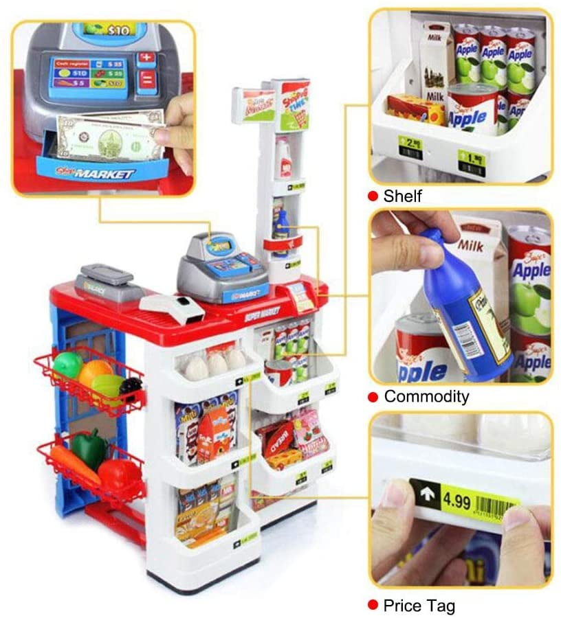 Mundo Toys Supermarket Play Set with Cash Register and Cart, 24 Pieces, Ages 3 and up