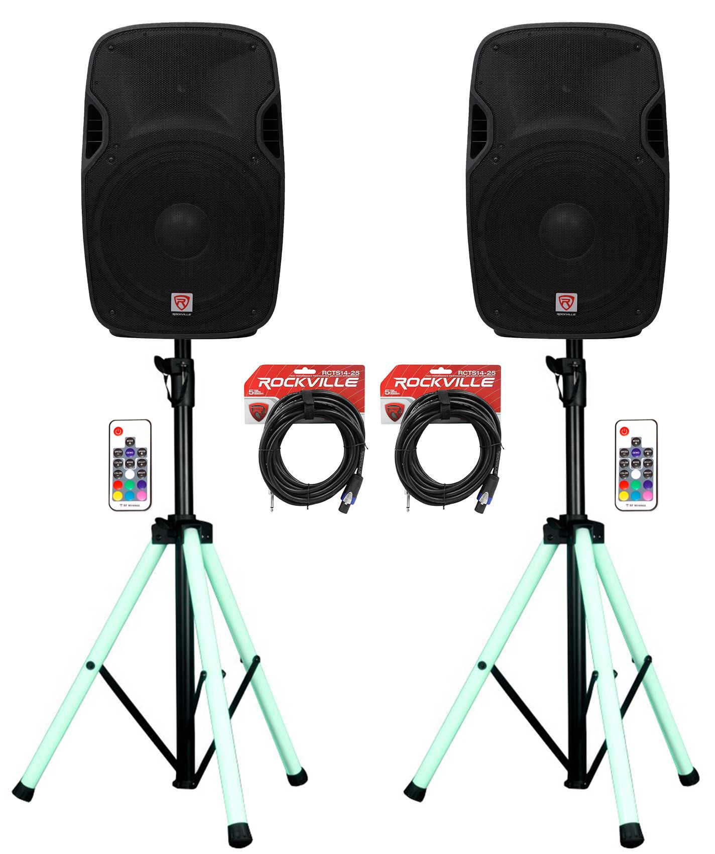 (2) Rockville SPGN154 15" Passive 1600w DJ PA Speakers+LED Stands+Remote+Cables