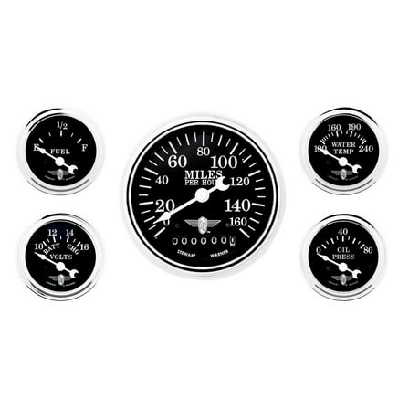 Stewart Warner 82227 Five Gauge Set, Electric/Mechanical, Black