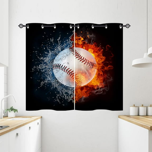 Baseball Kitchen Curtains Grommet Waterproof Window Drapes with Sports Theme Water Fire Ball Print Pattern Decorative Privacy Curtains for Kids Boys Bedroom Bathroom 2 Panels 27.5 x 39 Inch