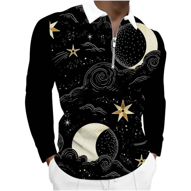 Blusa de manga larga con estampado digital de planetas coloridos y media cremallera para hombre Pompotops oipoqjl28855