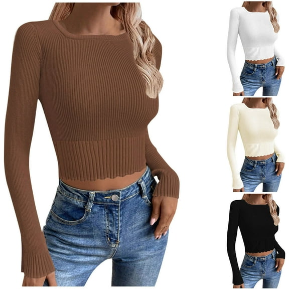 Fancifize Womes Crew Neck Cropped Sweater Casual Long Sleeve Knit Top Fall Fashion Casual Slim Fit Outfits