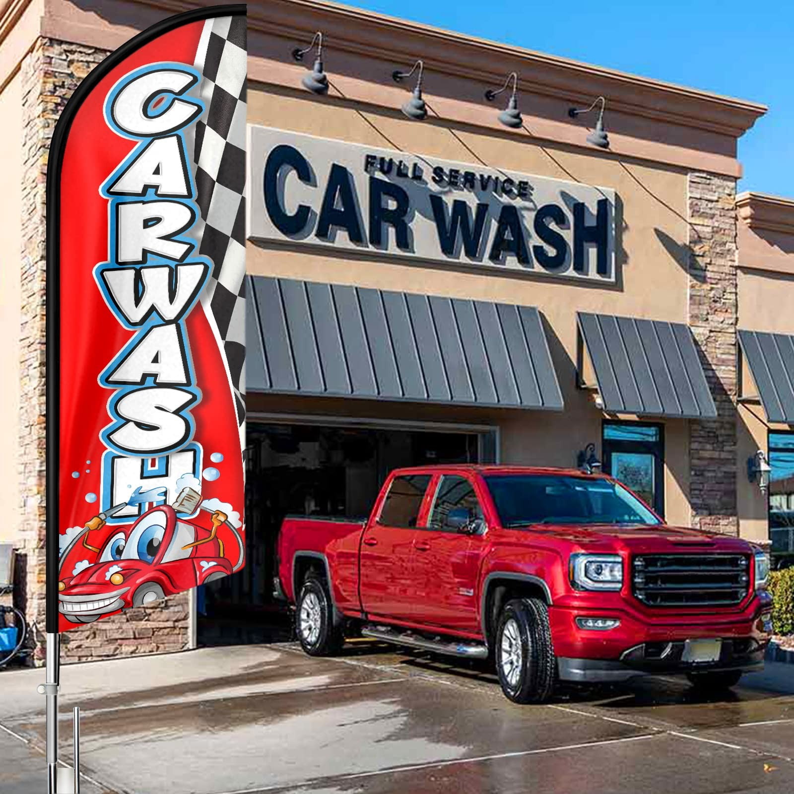 QSUM  Car Wash Sign Feather Flag,8FT Car Wash outdoor advertising flag, Car Wash Business Sign,Car Wash Swooper Flag（FLAG ONLY）