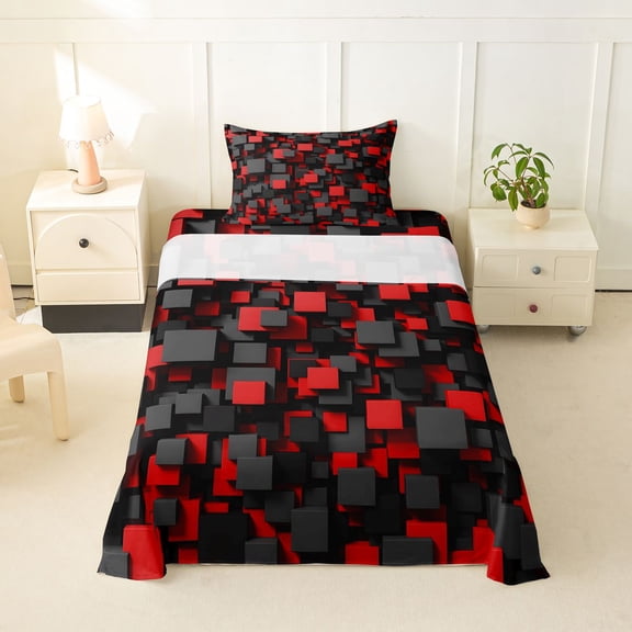 Homewish 3D Plaid Print Twin Sheets,Black Red Bedding,3 Pieces,1 Fitted Sheet and 1 Pillowcase
