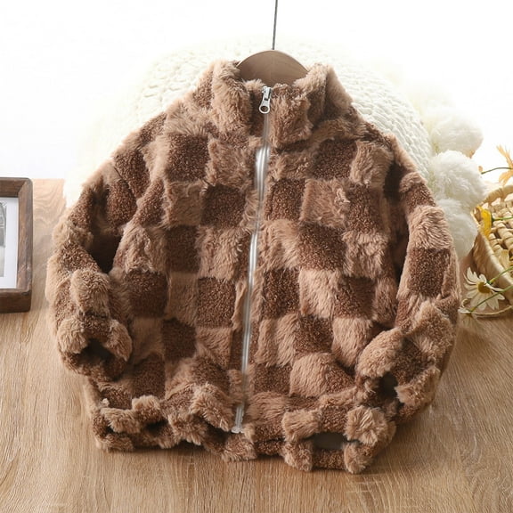 Fleece Plaid Youth Jacket, Warm Stand Collar Zip Up Long Sleeve Casual Outerwear
