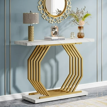 LINXIANGCHENG Gold Console Table, Faux Marble Entryway Narrow Sofa Table with Geometric Metal Base, 40 Inch Modern Accent Entrance Table for Living Room, Hallway, Foyer, White and Gold