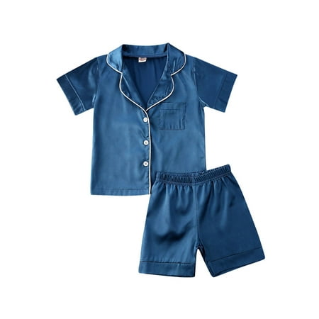 

Newborn Kids Baby Boys Girls Silk Pajamas Sleepwear Short Sleeve Outfit Shirt + Short Pants Shorts Nightwear Set Solid 6M-6Y