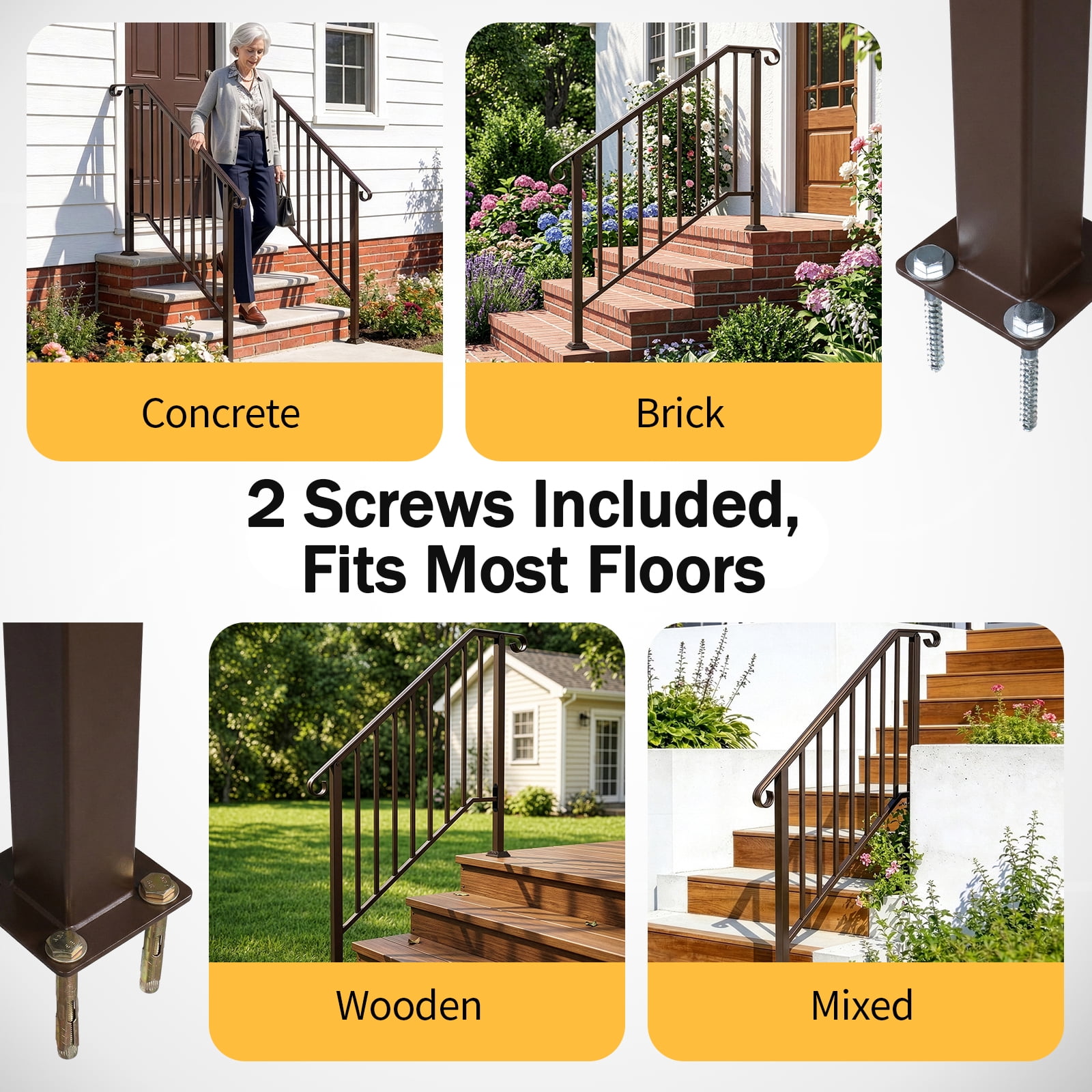 Copper Powder Coated Galvanized Iron Stair Handrail Curved Step Railing Fit 3-4 Steps Outdoor Garden Safety Picket Rail With Full Installation Hardware