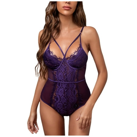 

Bodysuit For Women Fishnet Lingerie Lace Bra Perspective Pajamas Hollow Out Suspender Jumpsuit Lace Bra Perspective Pajamas Hollow Out Spaghetti Strap Purple L