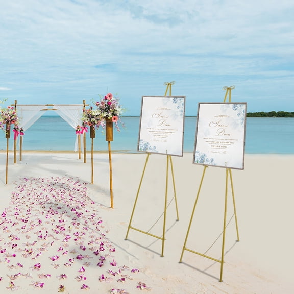 Gold Wedding Easel Stand, 2-Pack Floor Display with Adjustable Tilt and Hook, 21.46x61.61in for Photo Frames and Posters