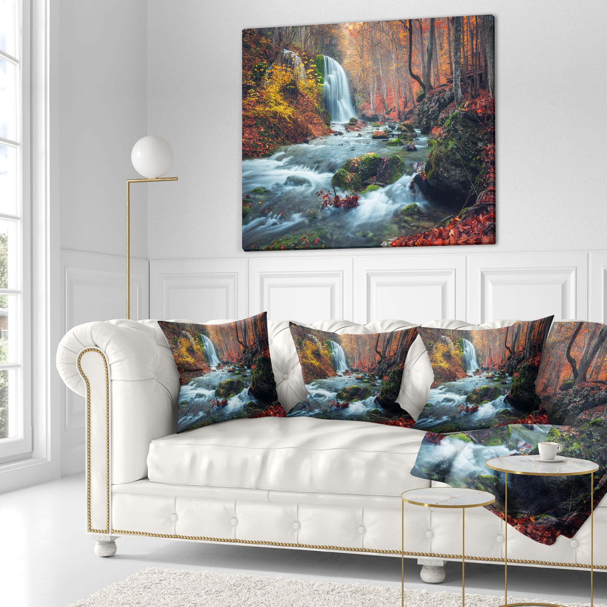 Designart Autumn Mountain Waterfall Long View - Landscape Photography Throw Pillow - 18x18