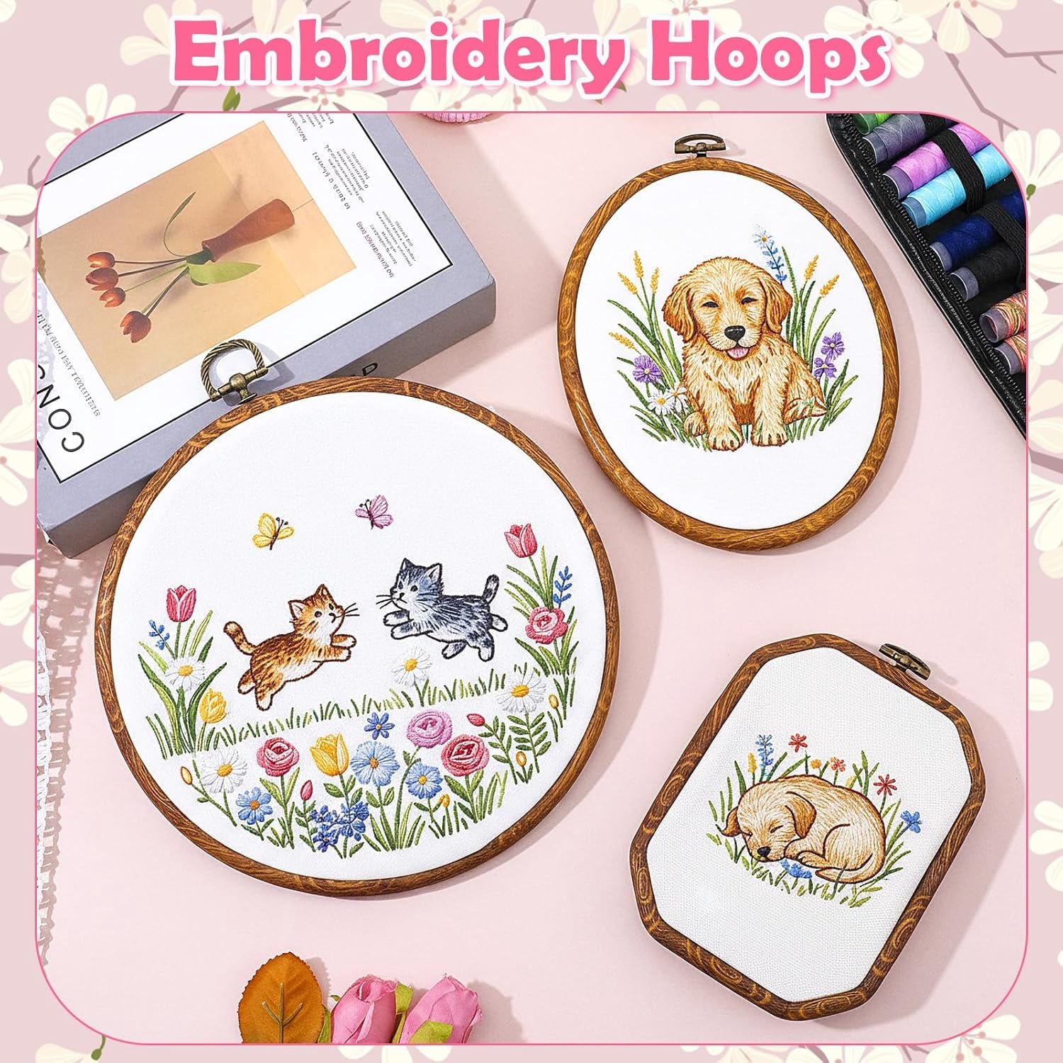 9 Pcs Embroidery Hoop Set, Mixed Shapes Circle Oval Octagonal Embroidery Frame, Imitated Wood Plastic Cross Stitch Frame for DIY Sewing Craft Wall Decor, Small to Large Sizes