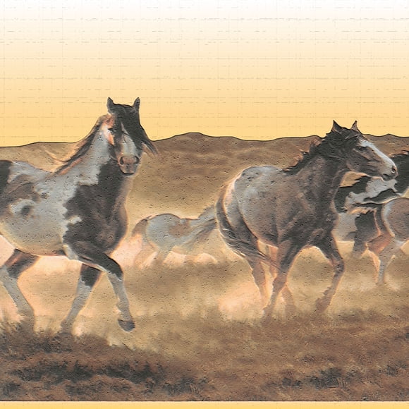 Dundee Deco's Peel and Stick Wallpaper Border - Nature White Brown Horses Wall Border Retro Design, 15 ft x 7 in (4.57m x 17.78cm), Self Adhesive